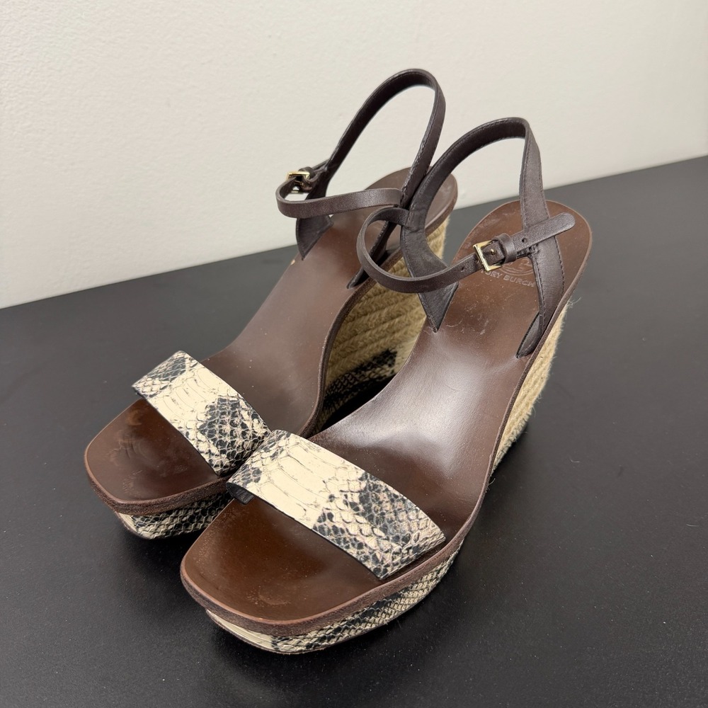 Tory Burch Sandals Womens 8.5M Brown Snakeskin Espadrille Wedge Heels Casual Fun - Picture 3 of 16